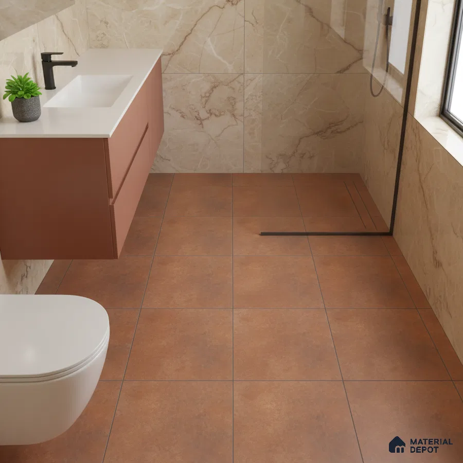 Modern bathroom with beige marble wall tiles, terracotta floor tiles, and matte terracotta vanity