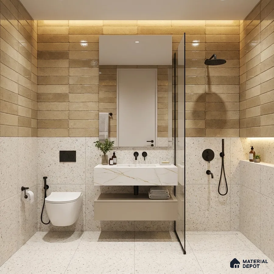 Modern kitchen with beige glossy subway backsplash tile and black marble countertop