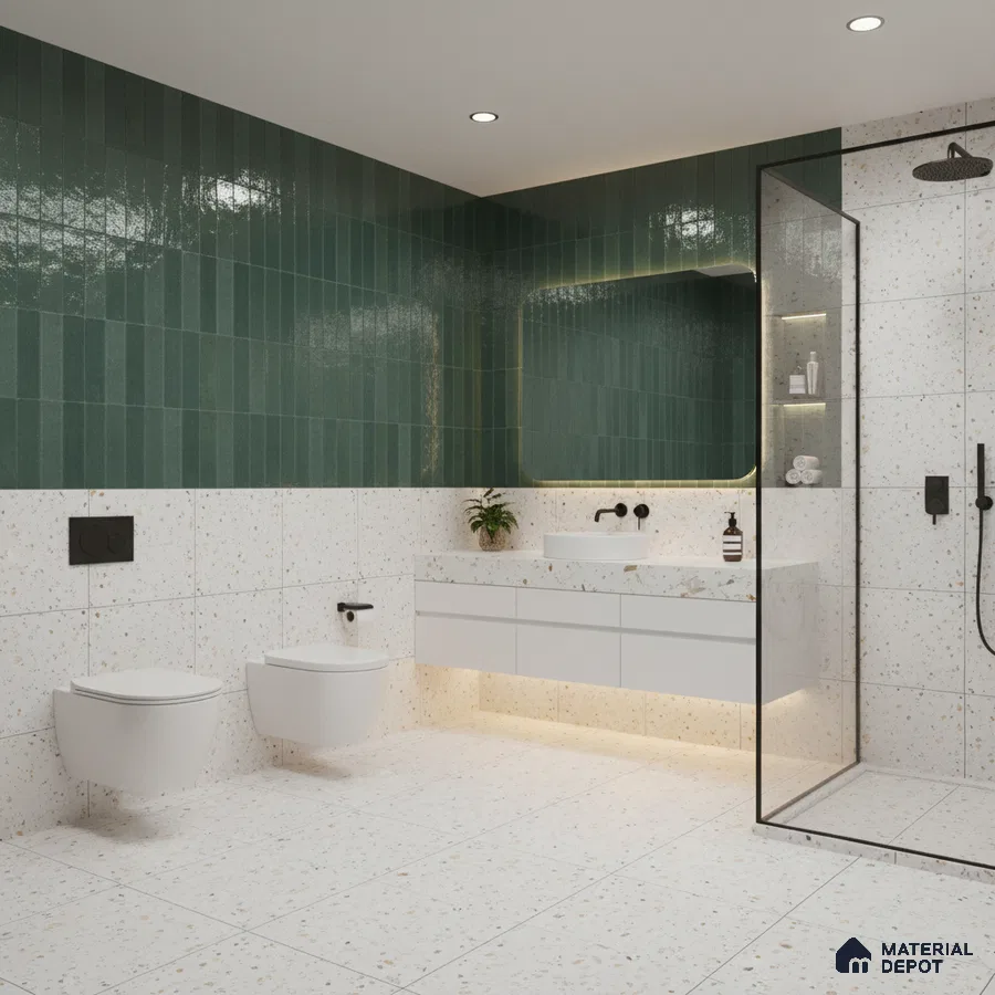 Modern kitchen with sage green laminate, white quartz countertop, and glossy green subway backsplash tile