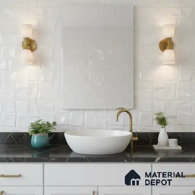 Minimalist kitchen with white matte laminate cabinets, 3D geometric white backsplash tile, and white marble countertop