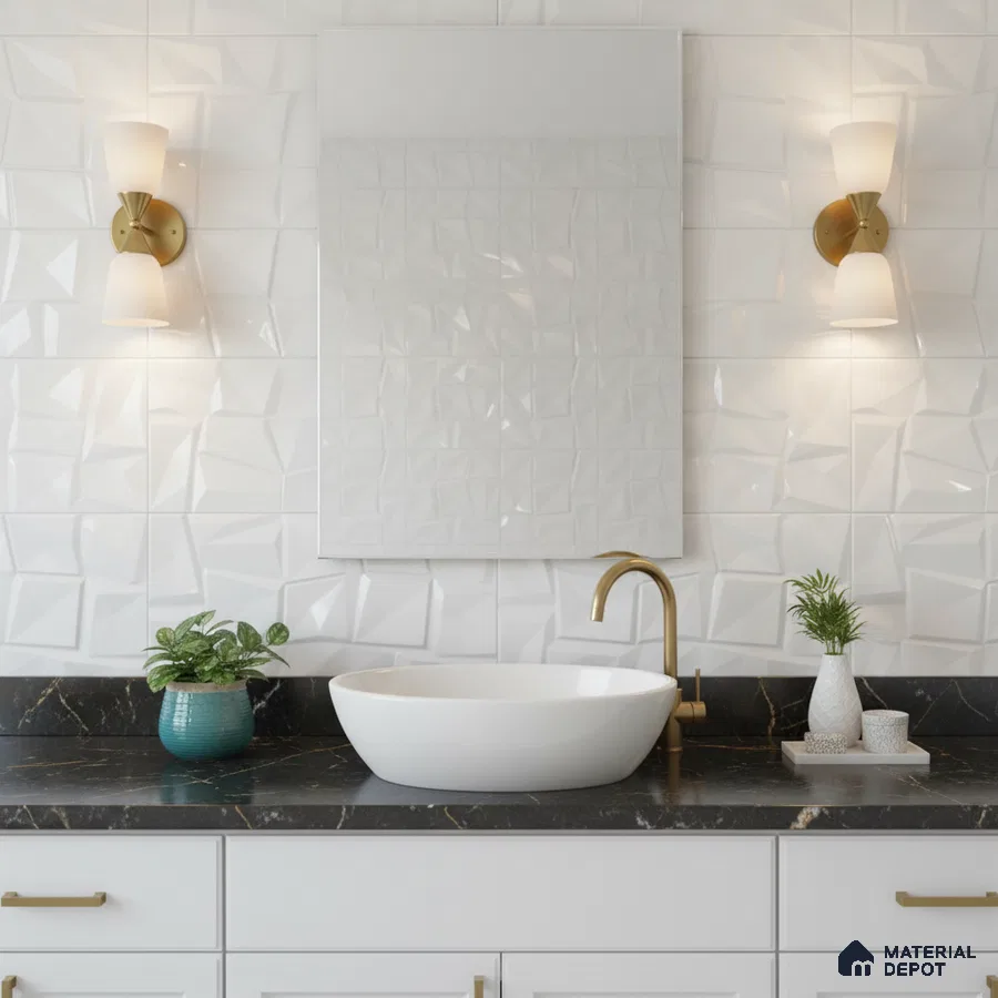 Minimalist kitchen with white matte laminate cabinets, 3D geometric white backsplash tile, and white marble countertop