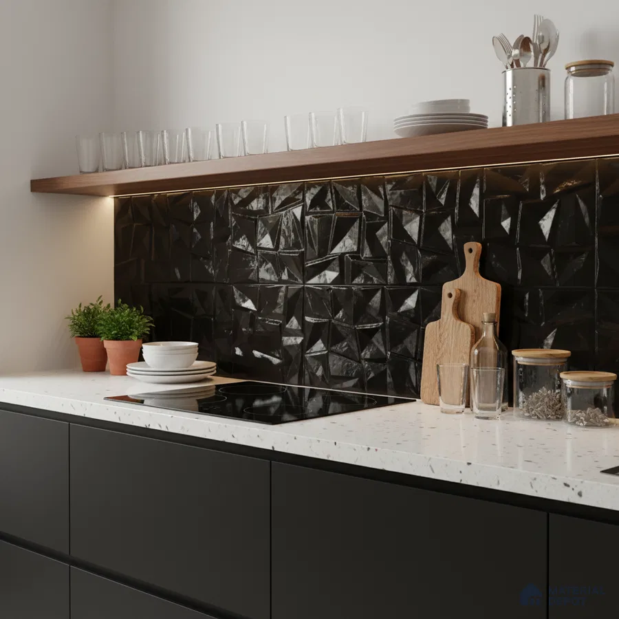 Modern kitchen with matte black cabinets, white terrazzo countertop, and glossy geometric black backsplash tiles