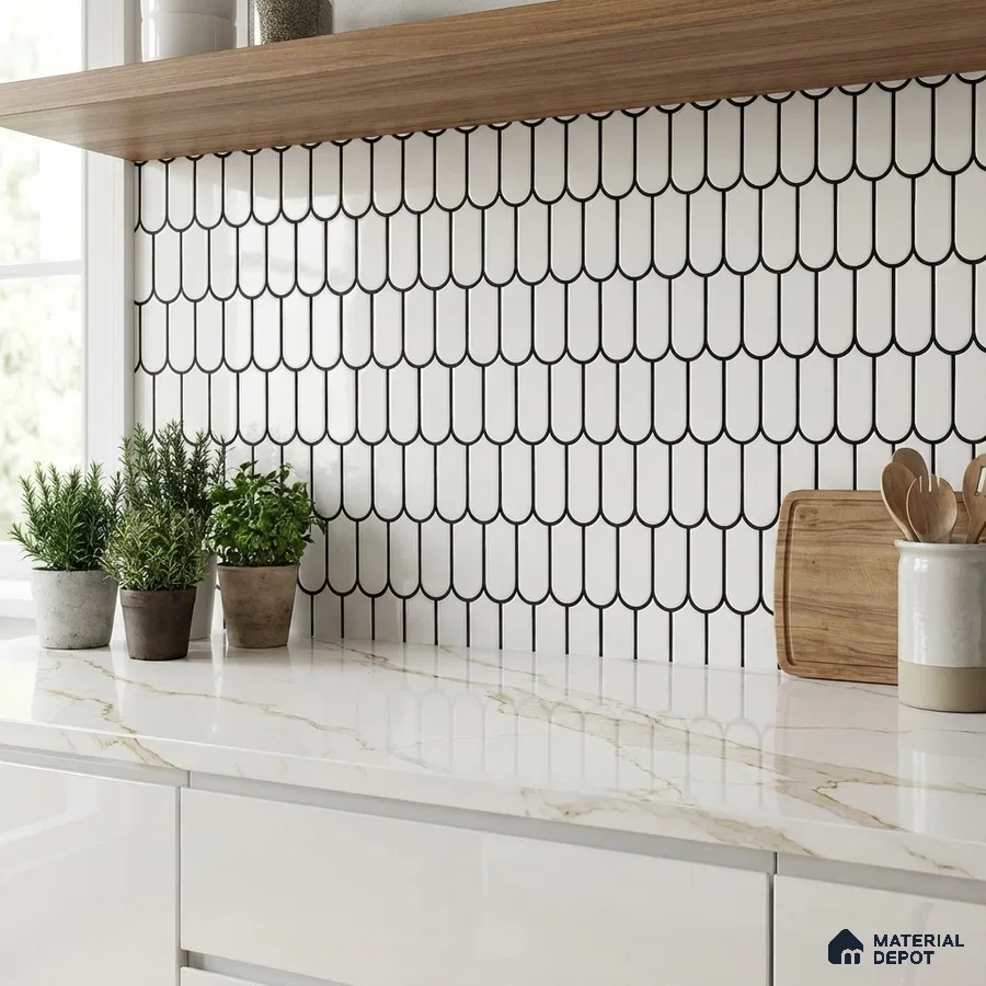 Modern kitchen with white marble-look quartz countertop and scallop pattern white backsplash tile