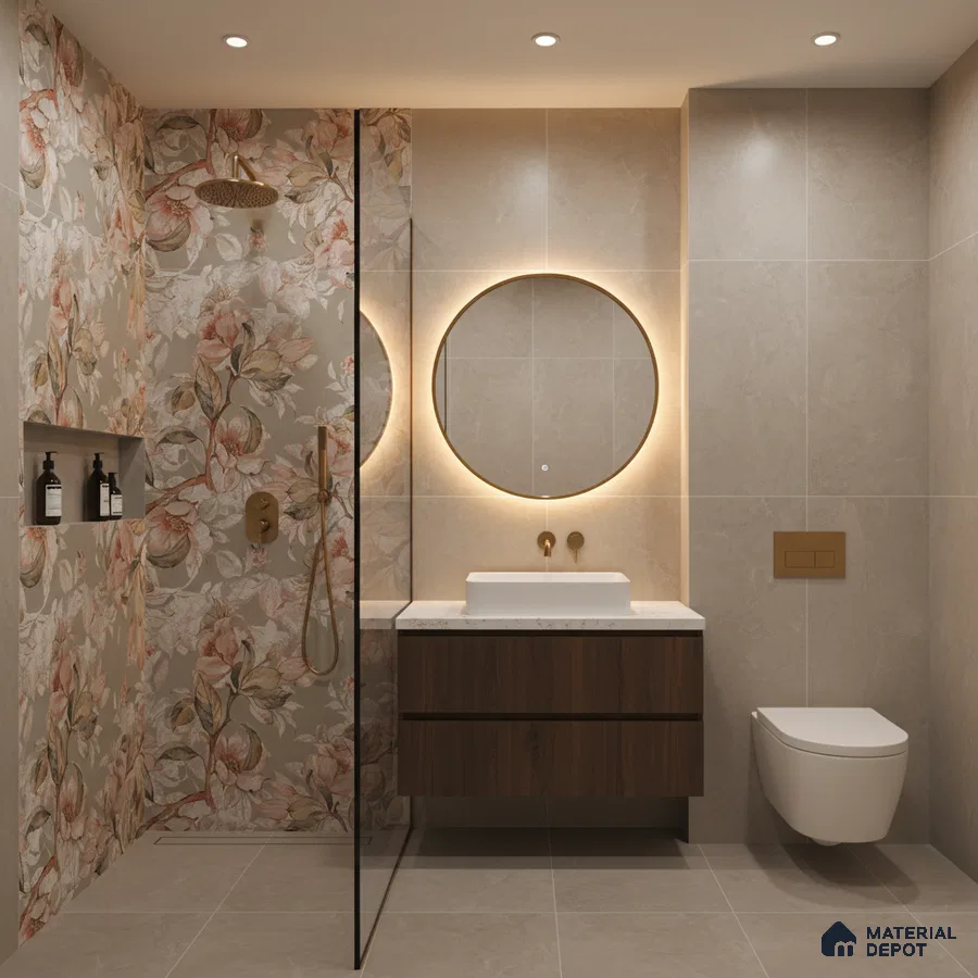 Modern bathroom with floral highlighter wall tiles, beige stone-look tiles, and walnut wood vanity
