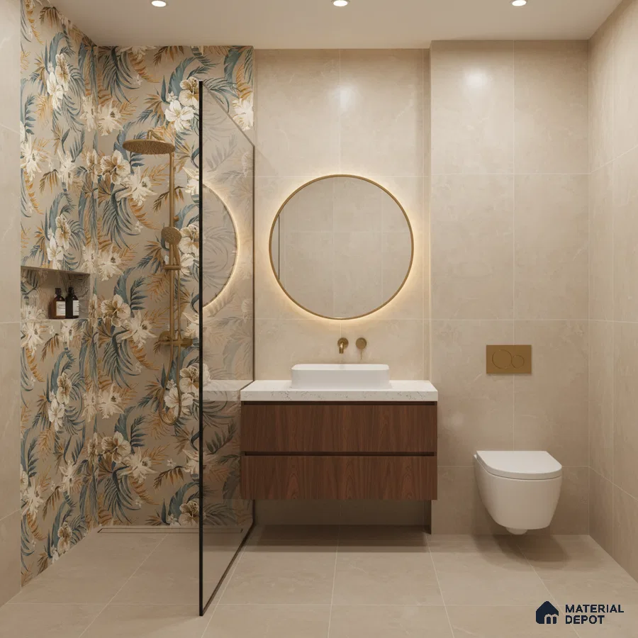 Modern bathroom with floral highlighter wall tile, beige marble-look tiles, and walnut wood vanity