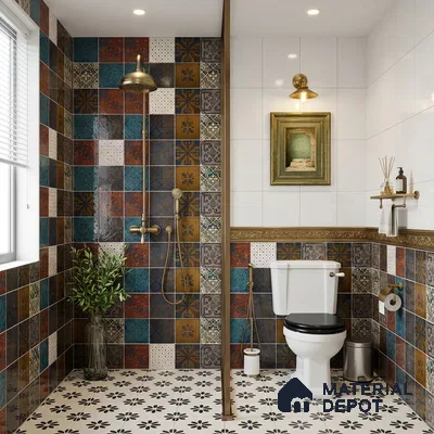 Eclectic bathroom with multicolor moroccan wall tiles and black-and-white floral patterned floor tiles