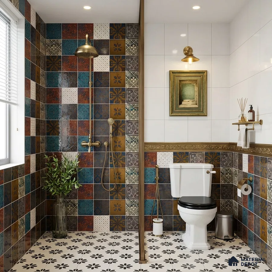 Eclectic bathroom with multicolor moroccan wall tiles and black-and-white floral patterned floor tiles