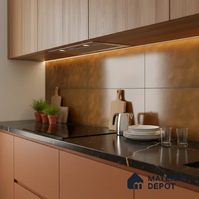 Modern kitchen with terracotta laminate cabinets, black marble countertop, and rust metallic backsplash tiles