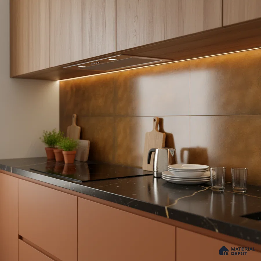 Modern kitchen with terracotta laminate cabinets, black marble countertop, and rust metallic backsplash tiles
