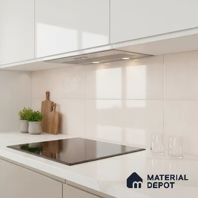 Minimalist kitchen with frosty white laminate cabinets, white marble-look quartz countertop, and beige glossy wall tiles