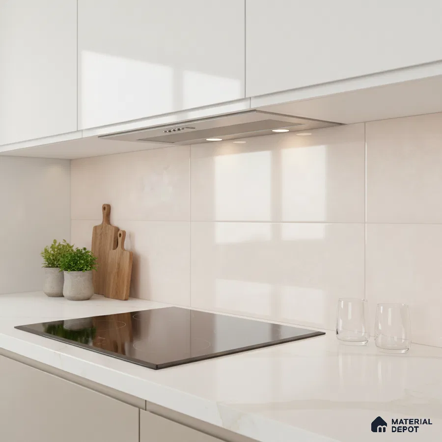 Minimalist kitchen with frosty white laminate cabinets, white marble-look quartz countertop, and beige glossy wall tiles