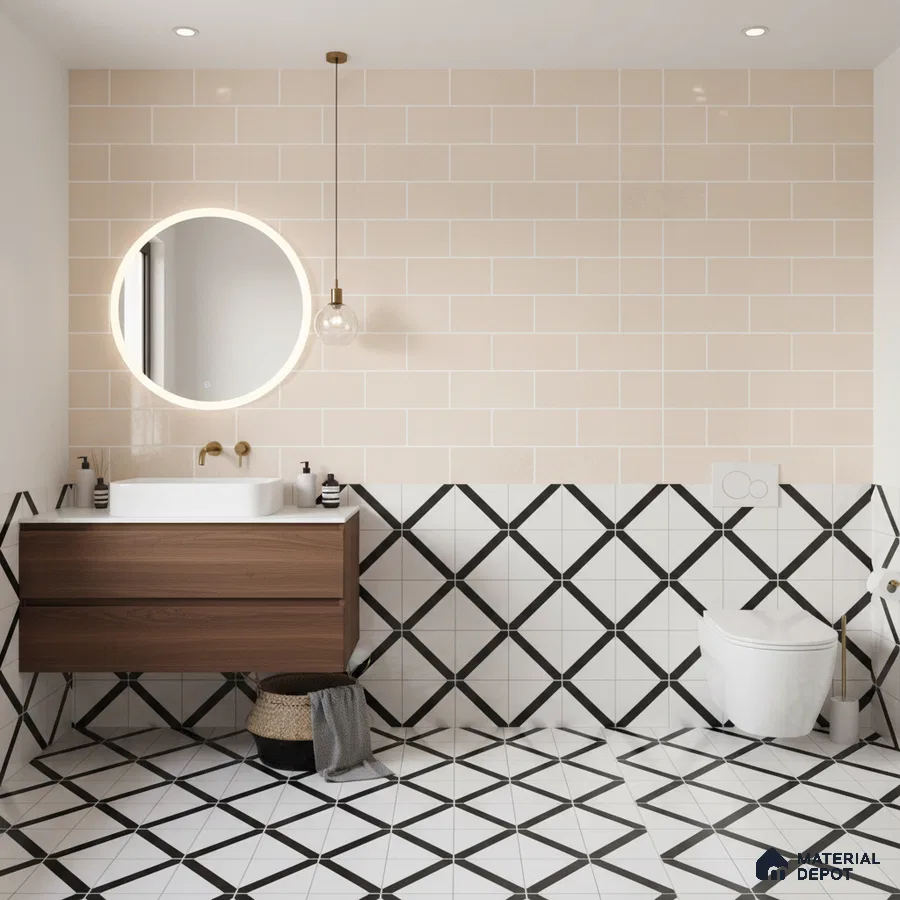 Modern bathroom with beige subway wall tiles, geometric black-and-white floor and wall tiles, and walnut wood vanity