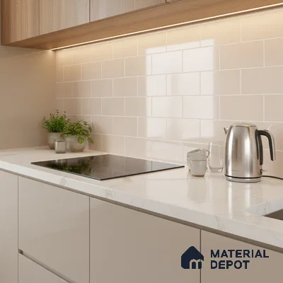 Modern kitchen with beige subway backsplash tile, white marble-look quartz countertop, and light wood laminate cabinets