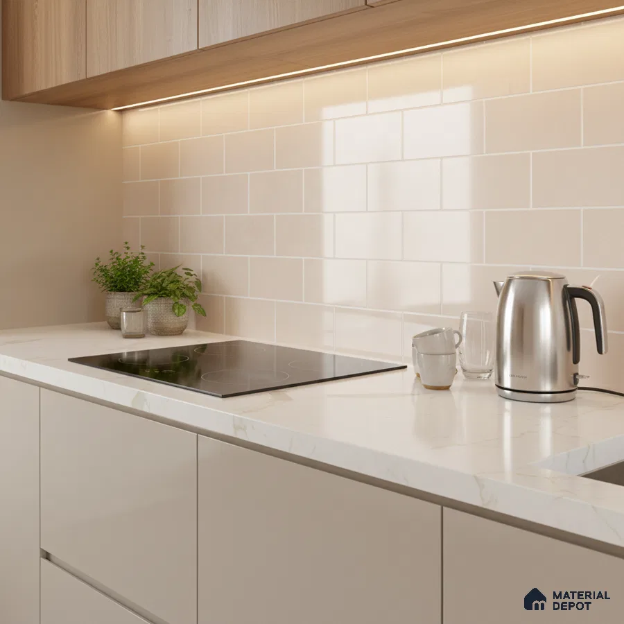 Modern kitchen with beige subway backsplash tile, white marble-look quartz countertop, and light wood laminate cabinets
