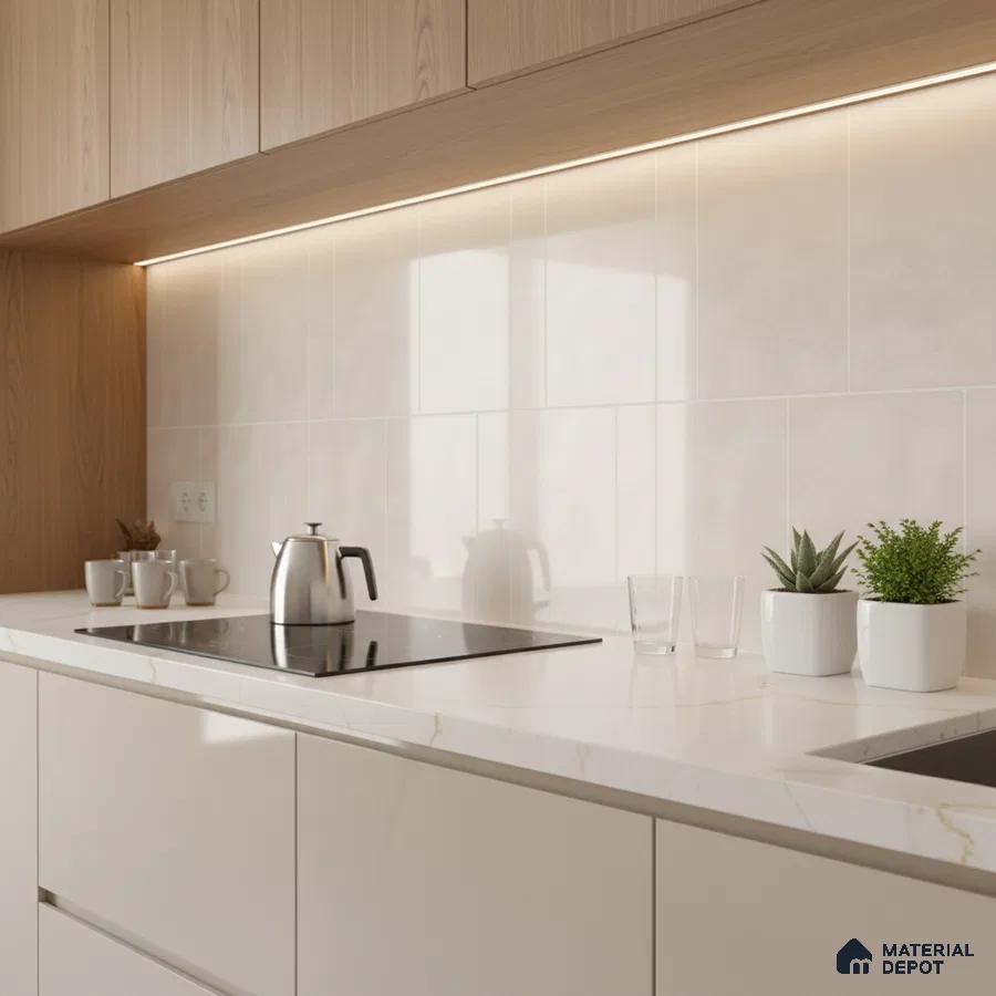 Minimalist kitchen with light wood laminate, frosty white cabinets, and white marble-look quartz countertop