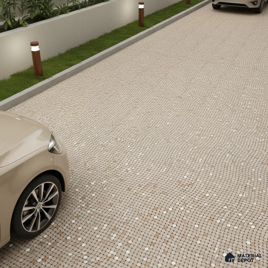 Modern parking area with beige mosaic floor tiles and concrete boundary wall