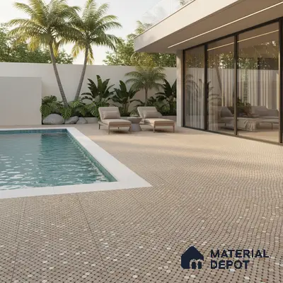 Modern outdoor poolside with beige mosaic floor tiles and tropical landscaping