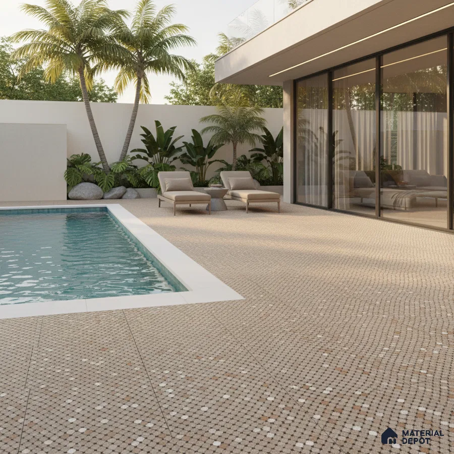 Modern outdoor poolside with beige mosaic floor tiles and tropical landscaping