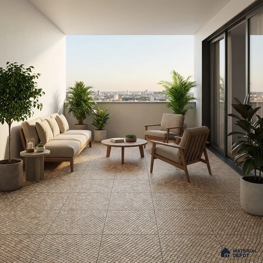 Scandinavian balcony with beige mosaic floor tiles and natural wood outdoor furniture