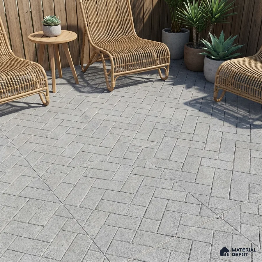 Scandinavian outdoor patio with light grey herringbone floor tiles and natural wood panel fencing