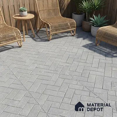 Scandinavian outdoor patio with light grey herringbone floor tiles and natural wood panel fencing