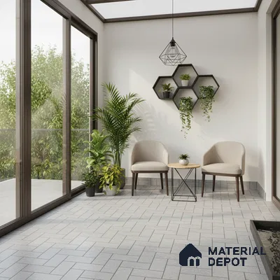 Minimalist balcony with light grey herringbone floor tiles and modern metal shelving