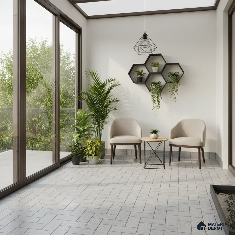 Minimalist balcony with light grey herringbone floor tiles and modern metal shelving