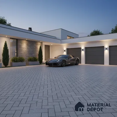 Modern parking with grey stone cladding, white exterior paint, and herringbone concrete paver flooring