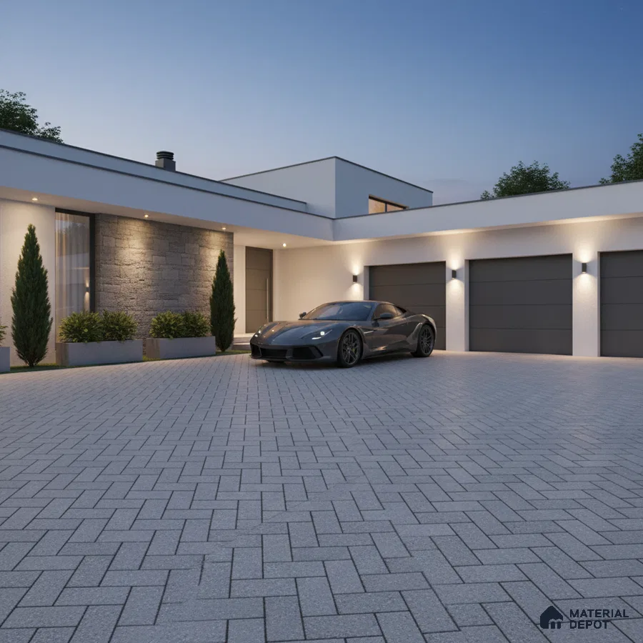 Modern parking with grey stone cladding, white exterior paint, and herringbone concrete paver flooring