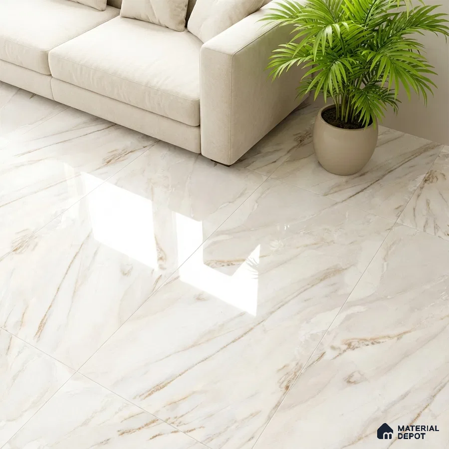 Modern living room with beige sofa and polished marble-look floor tiles