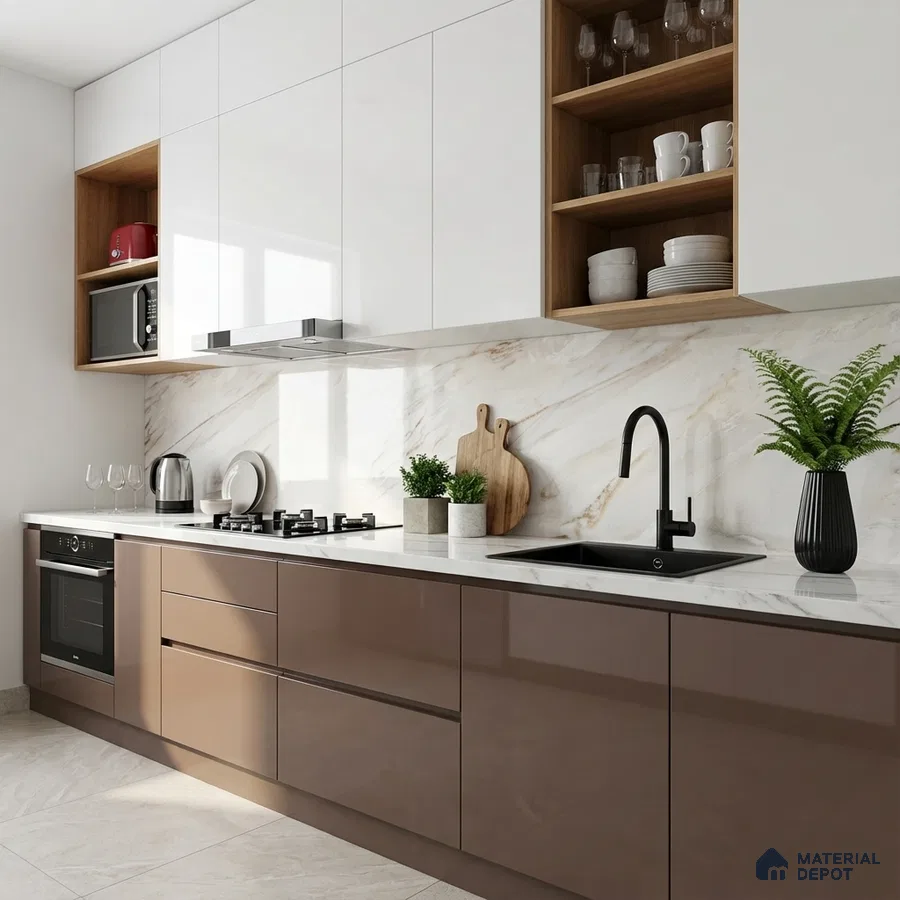 Modern kitchen with glossy taupe laminate, white marble-look backsplash, and white upper cabinets