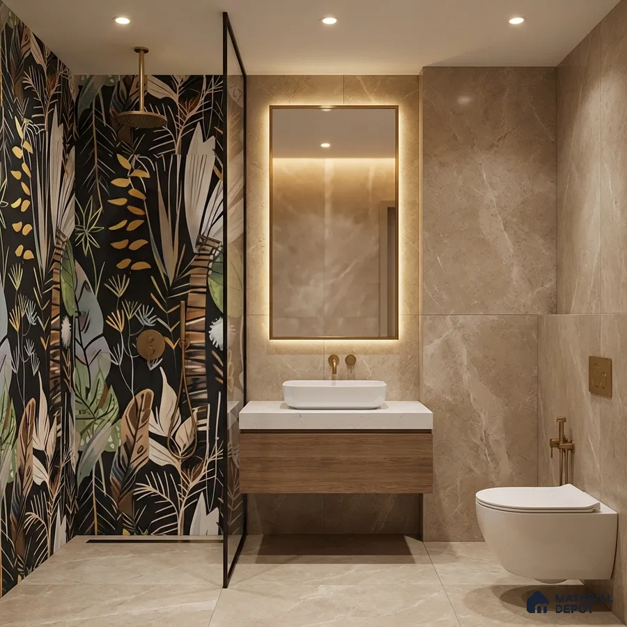 Modern bathroom with tropical highlighter wall tile, beige marble-look tiles, and floating wood vanity