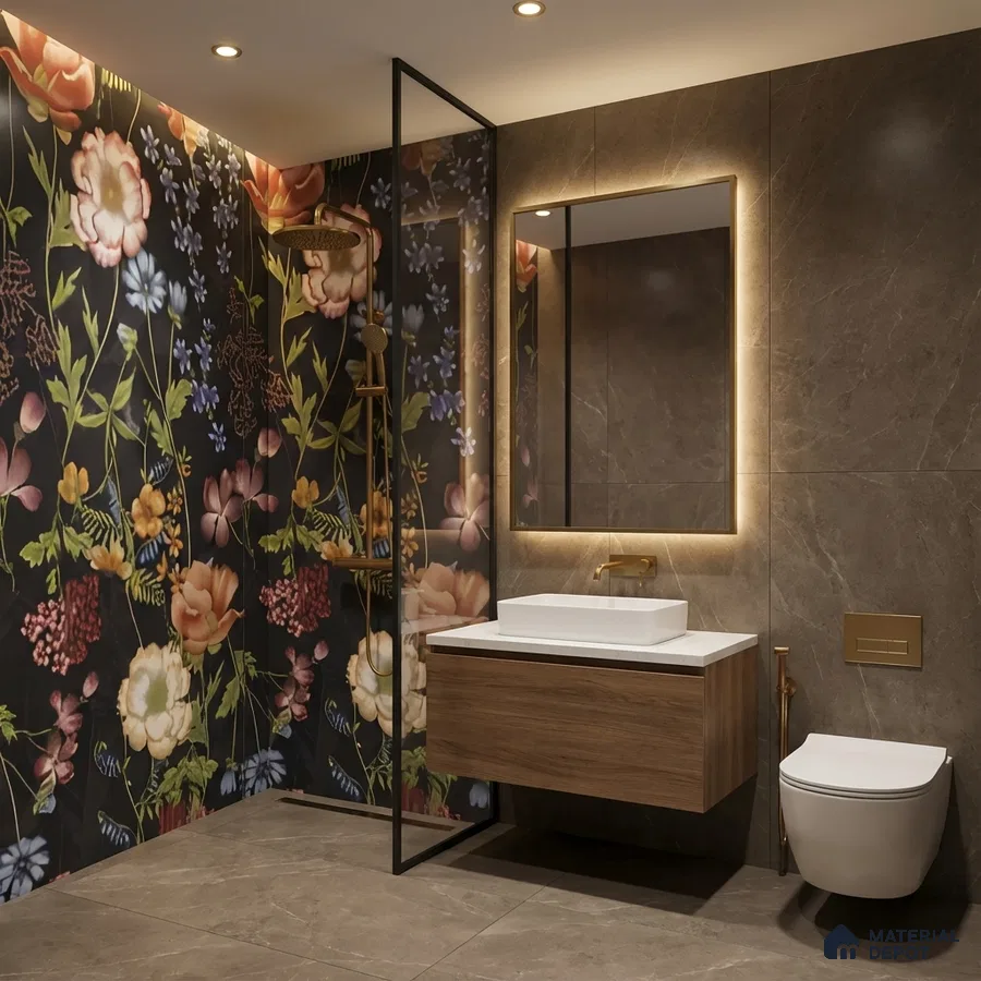 Modern bathroom with floral highlighter wall tile, brown marble-look tiles, and wood vanity