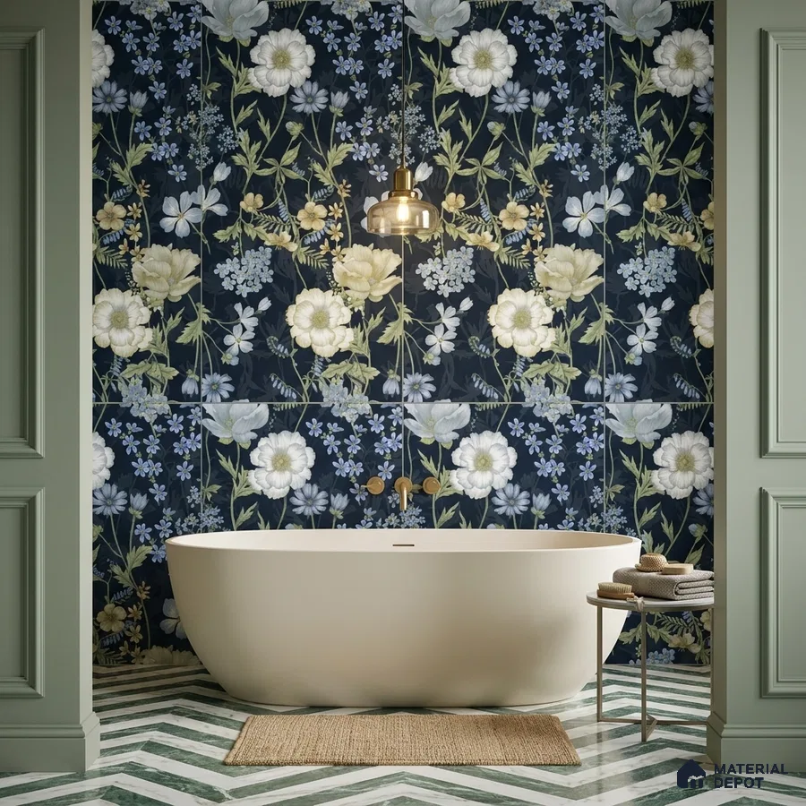 Eclectic bathroom with floral patterned wall tiles and green chevron marble floor tiles