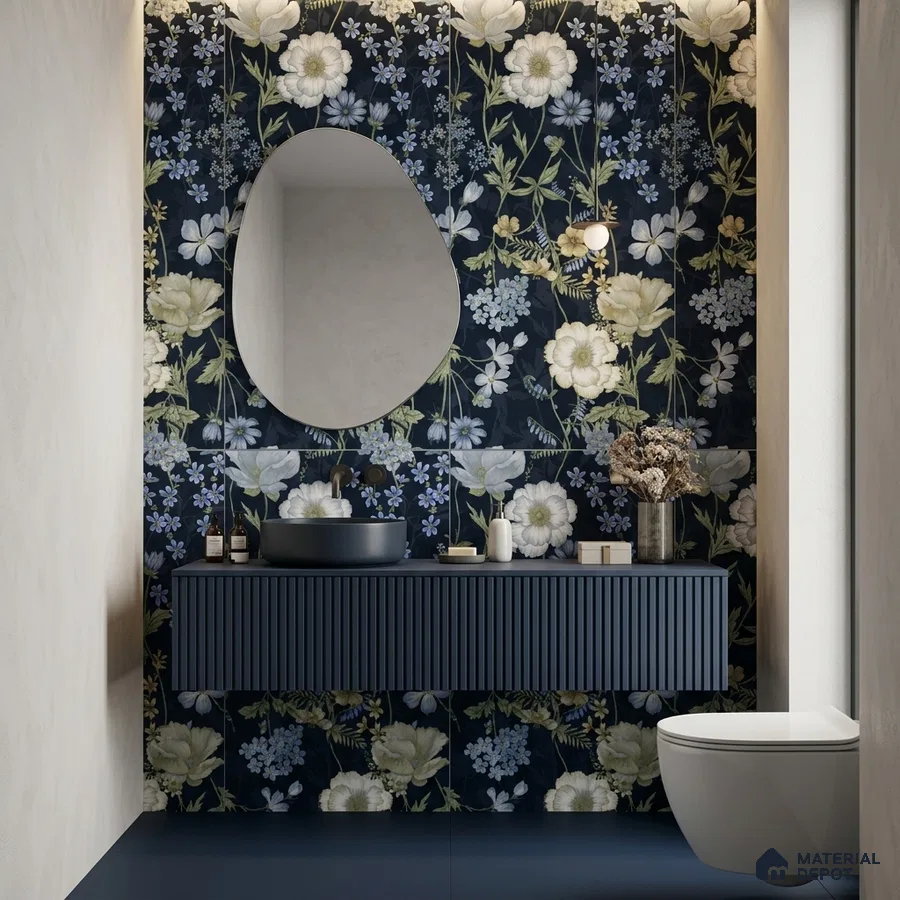 Modern bathroom with navy floral highlighter wall tile and fluted blue vanity