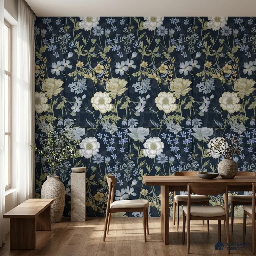 Eclectic dining room with bold floral tile and natural wood flooring