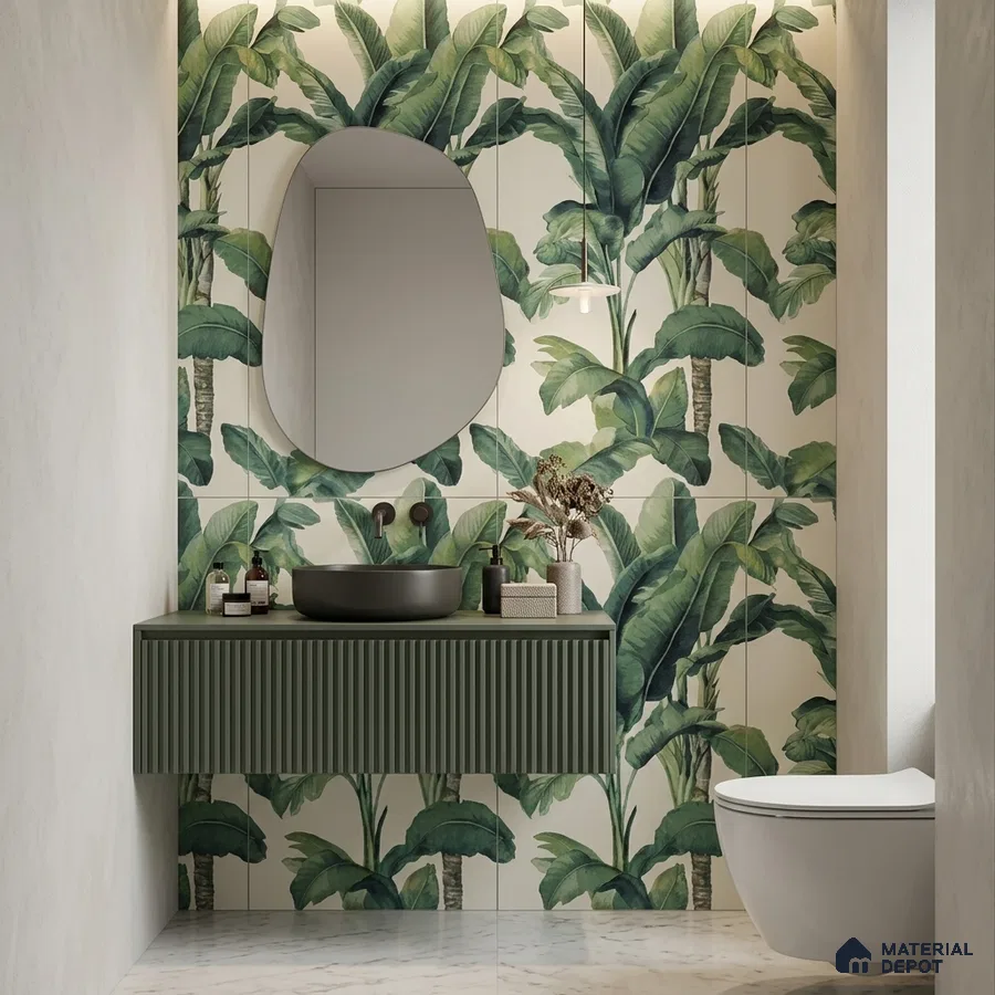 Modern bathroom with tropical leaf highlighter wall tiles, olive green fluted vanity, and marble floor tiles