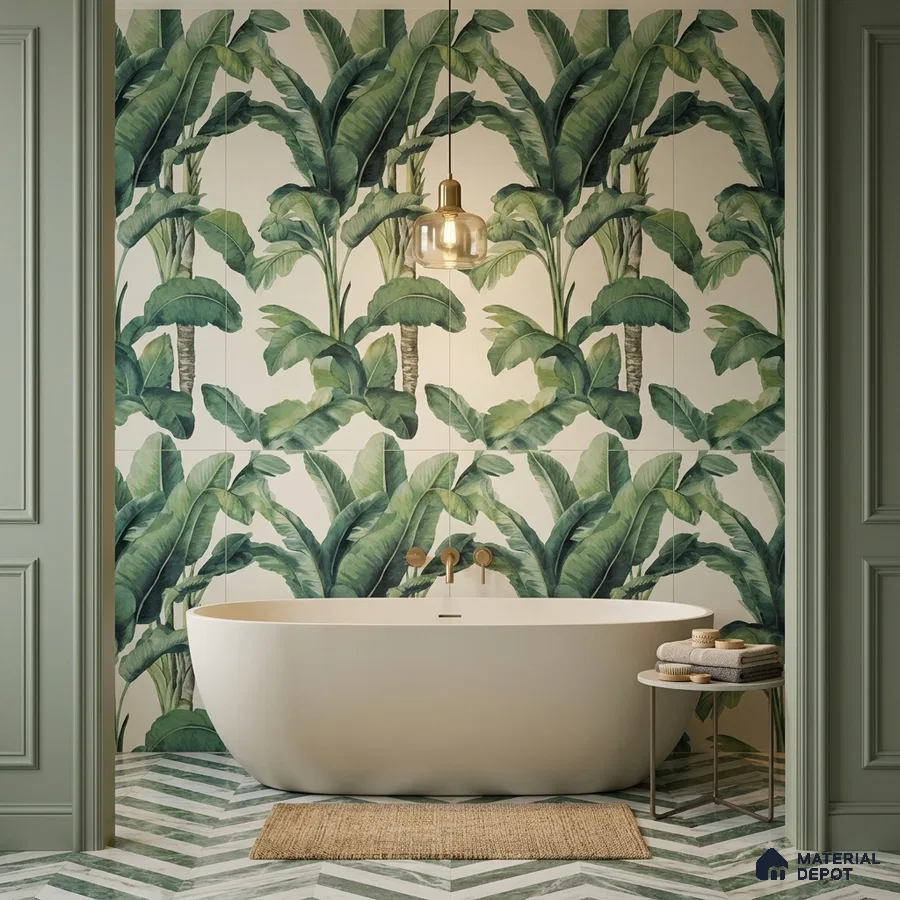 Modern bathroom with tropical leaf highlighter wall tiles and chevron marble floor tiles