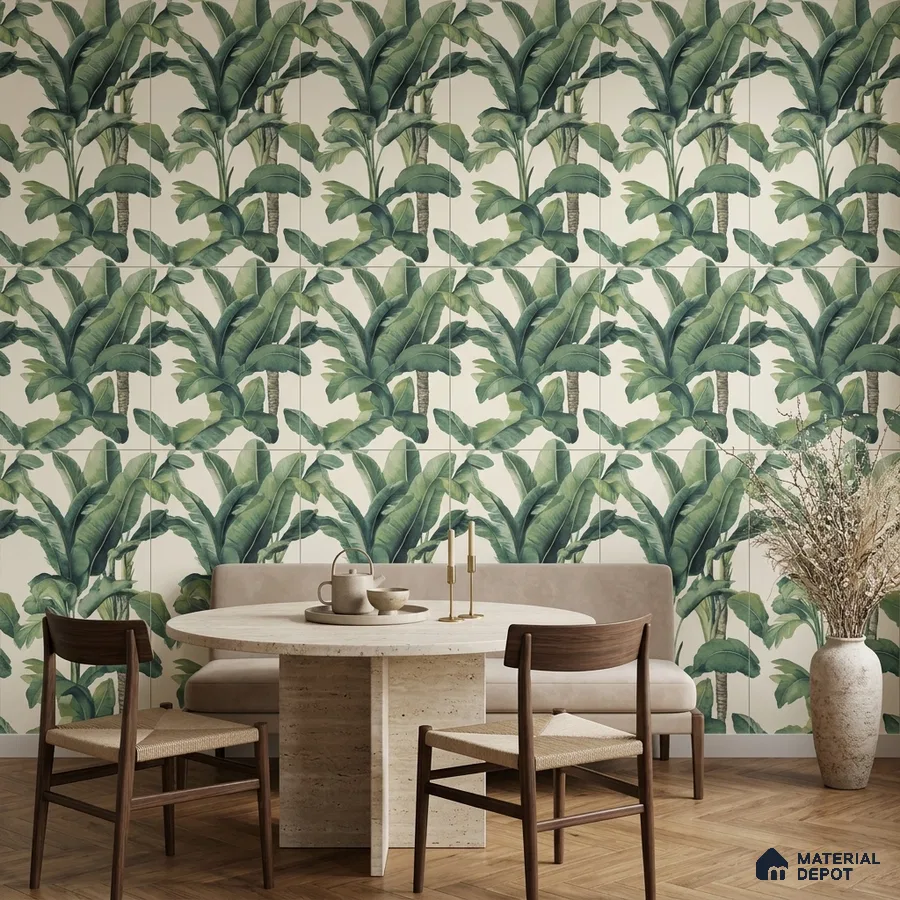 Scandinavian dining room with tropical tile and travertine table
