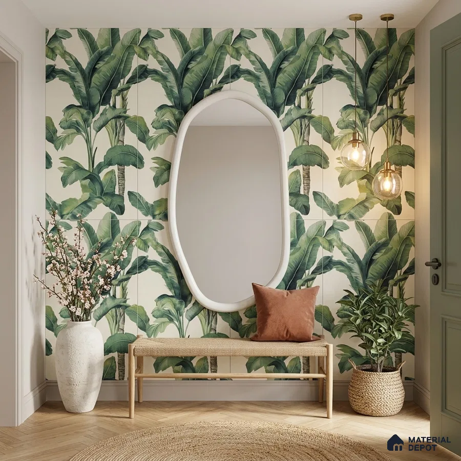 Modern foyer with tropical tile, natural wood bench, and herringbone wooden flooring