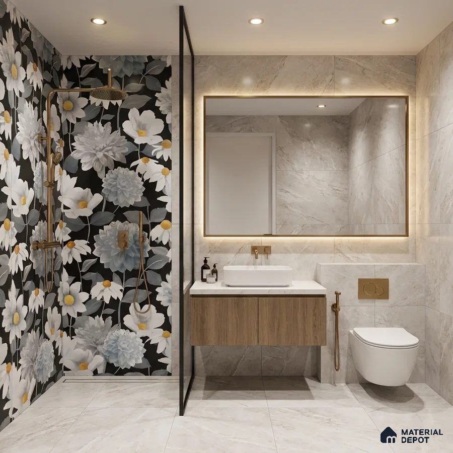 Modern bathroom with floral highlighter wall tile, marble-look wall and floor tiles, and wood laminate vanity