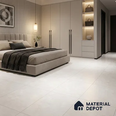 Modern Bedroom with Cream Concrete-Look Floor Tile