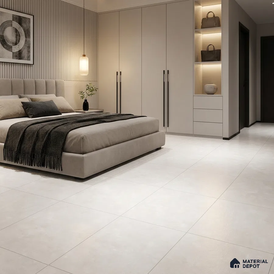 Modern Bedroom with Cream Concrete-Look Floor Tile