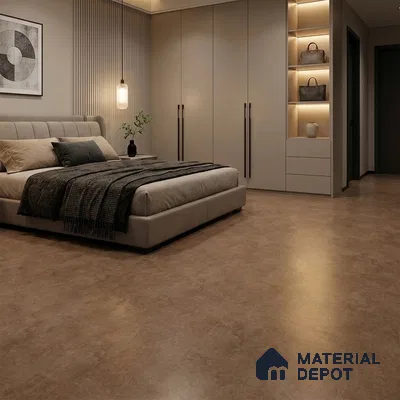 Modern Bedroom with Warm Brown Concrete-Look Floor Tile
