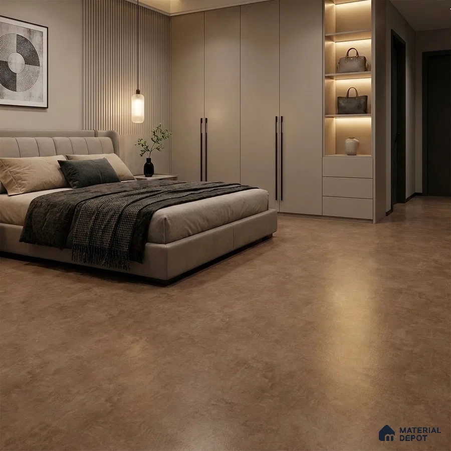 Modern Bedroom with Warm Brown Concrete-Look Floor Tile