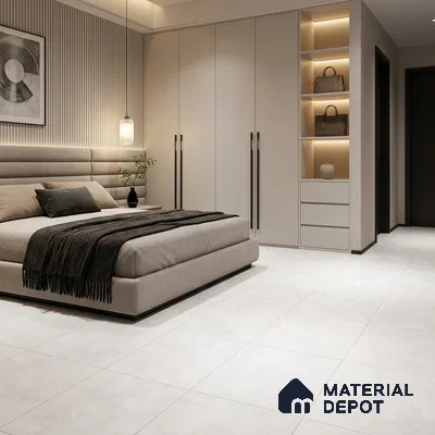 Modern Bedroom with Frosty White Concrete-Look Floor Tile