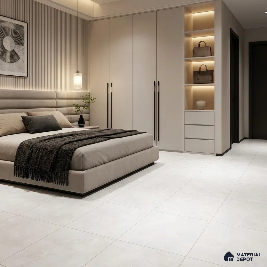 Modern Bedroom with Frosty White Concrete-Look Floor Tile