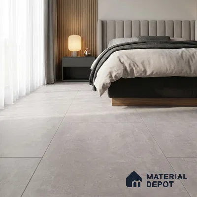Modern Bedroom with Light Grey Concrete-Look Floor Tile