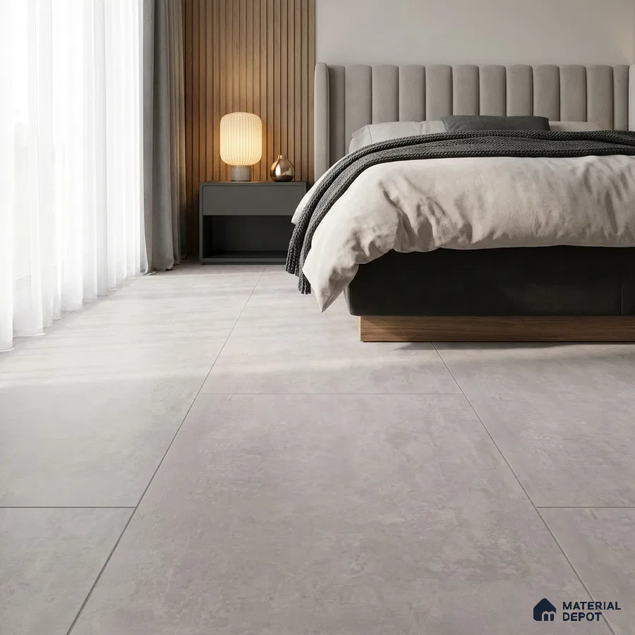 Modern Bedroom with Light Grey Concrete-Look Floor Tile