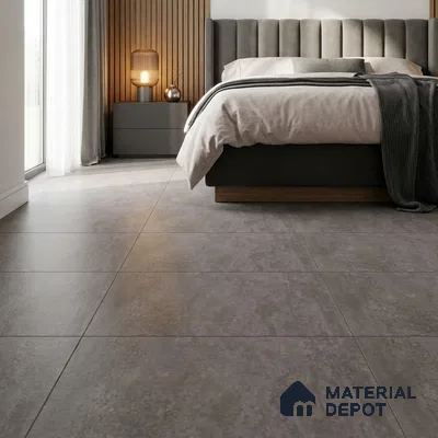 Modern Bedroom with Charcoal Grey Concrete-Look Floor Tile